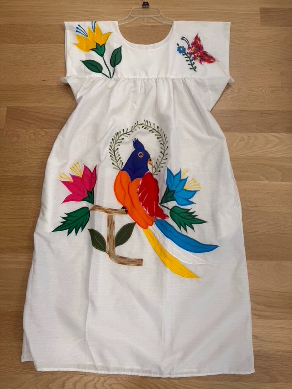 Vintage 80s Handmade Embroidered Parrot Dress Caftan Muumuu Vacation Boho Tropic